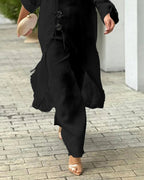 2 Pieces Outfit Button Decor One Shoulder Turn-Up Sleeves Slit Raw Edges Top and Casual Drawstring Elastic Waist Wide Leg Pants Set