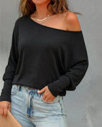 Women's Convertible Shoulder Batwing Sleeve Top Long Sleeve Loose Fit Casual Knit Tee