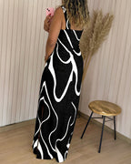 Abstract Print Square Neck Thick Strap Maxi Dress Elegant Side Slit Vacation Dress