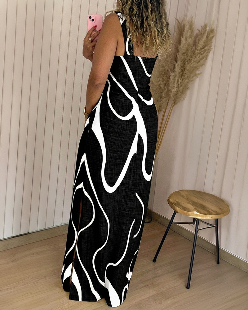 Abstract Print Square Neck Thick Strap Maxi Dress Elegant Side Slit Vacation Dress