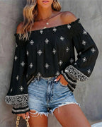 Vintage Tribal Placement Print Shirred Off Shoulder Flared Cuffs Blouse Casual Frill Trim Boho Top