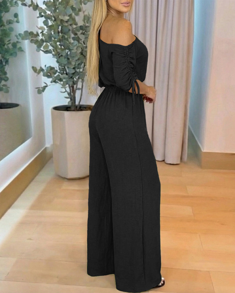 Stretchy Skew Neck Drawstring Sleeve Elastic Waist Overalls Casual High Waist Wide Leg Jumpsuit