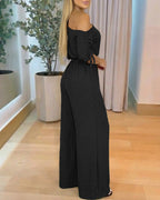 Stretchy Skew Neck Drawstring Sleeve Elastic Waist Overalls Casual High Waist Wide Leg Jumpsuit