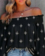 Vintage Tribal Placement Print Shirred Off Shoulder Flared Cuffs Blouse Casual Frill Trim Boho Top