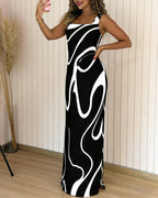 Abstract Print Square Neck Thick Strap Maxi Dress Elegant Side Slit Vacation Dress