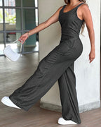 V-Neck Adjustable Thick Straps Denim Overalls Casual Shirred Back Wide Leg Suspender Jumpsuit