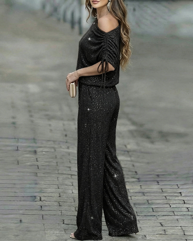 Women's Two-Piece Rhinestone Lounge Suit Skew Neck Top and Wide-Leg Pant Set Elegant Commuter Outfit with Pockets