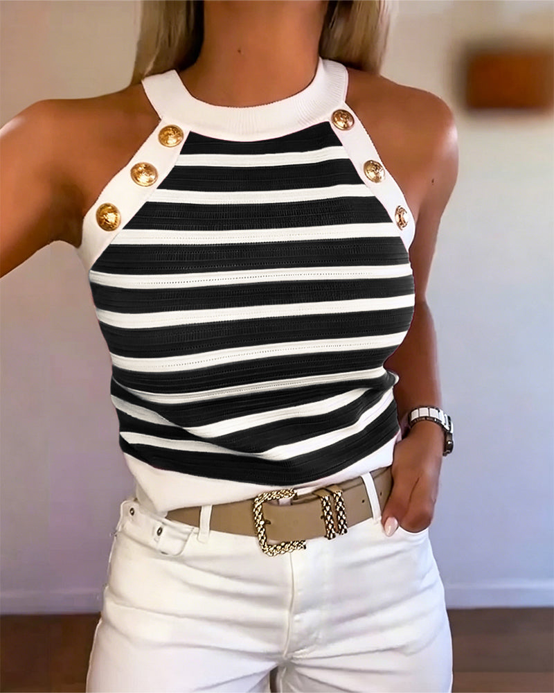 Striped Halter Sleeveless Tank Causal Golden Button Decor Breathable Knit Top
