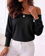 Women's Convertible Shoulder Batwing Sleeve Top Long Sleeve Loose Fit Casual Knit Tee