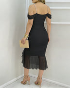Women's Off Shoulder Mesh Dress Pearl Strap Ruched Bodycon Dress Ruffle Hem Slit Evening Party Dress