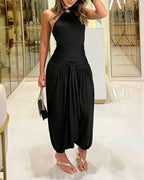 Women's Gold Decor Halter Tie Jumpsuit Sexy Backless Ruched Lantern Overalls Casual Vacation Jumpsuit