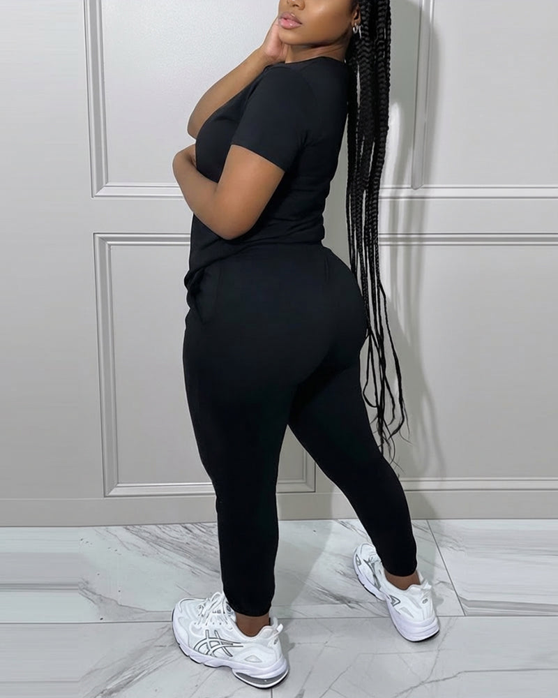 Women's 2-Piece Sporty Set Short Sleeve Half Zip Top and High Waisted Joggers Casual Lounge Outfit with Pockets