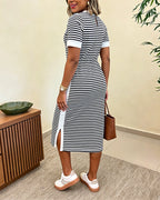 Women's Striped Colorblock Midi T-Shirt Dress Casual Crew Neck Waist-Cinching Slit Dress with Pockets
