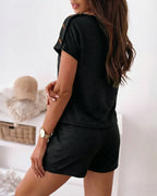 Women's V Neck Short Sleeve Top and Drawstring Shorts Set Casual Loose Fit Loungewear Two Piece Outfit with Pockets