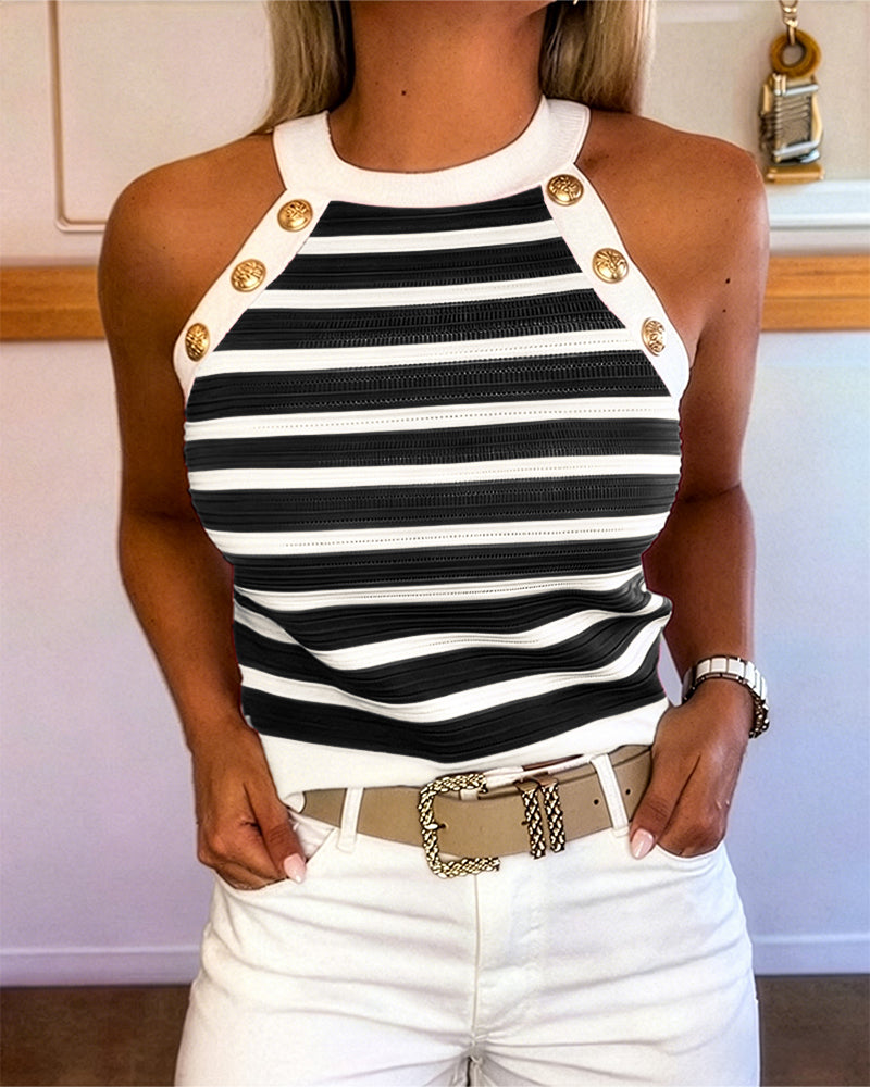Striped Halter Sleeveless Tank Causal Golden Button Decor Breathable Knit Top