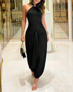 Women's Gold Decor Halter Tie Jumpsuit Sexy Backless Ruched Lantern Overalls Casual Vacation Jumpsuit
