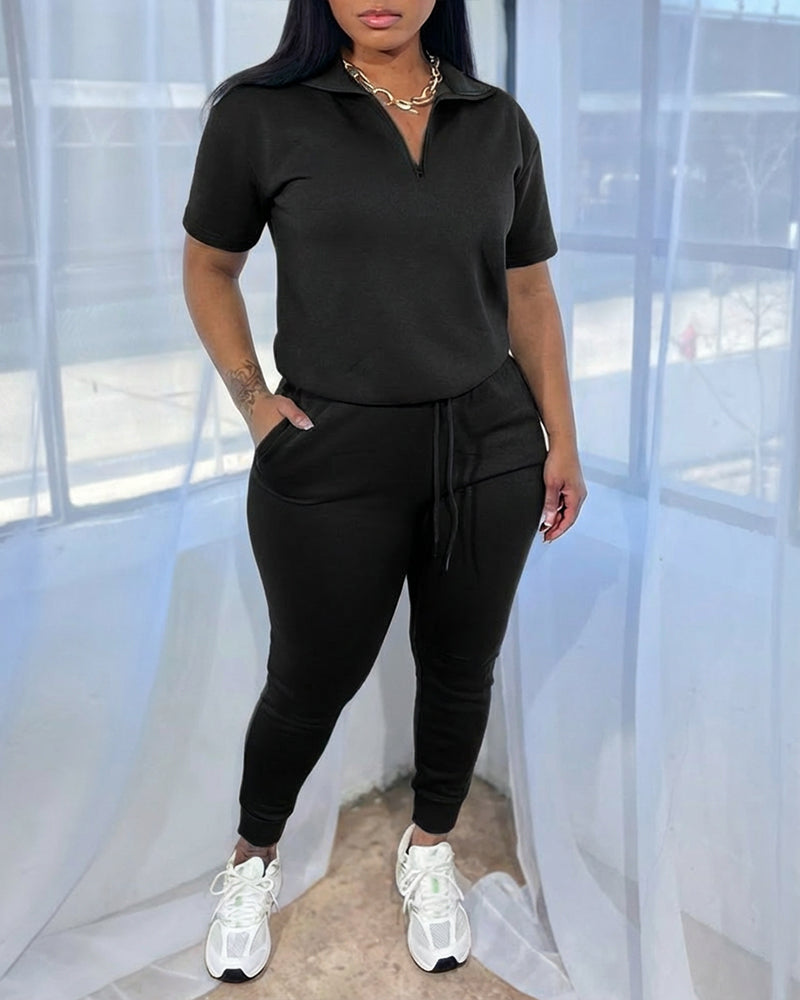 Women's 2-Piece Sporty Set Short Sleeve Half Zip Top and High Waisted Joggers Casual Lounge Outfit with Pockets