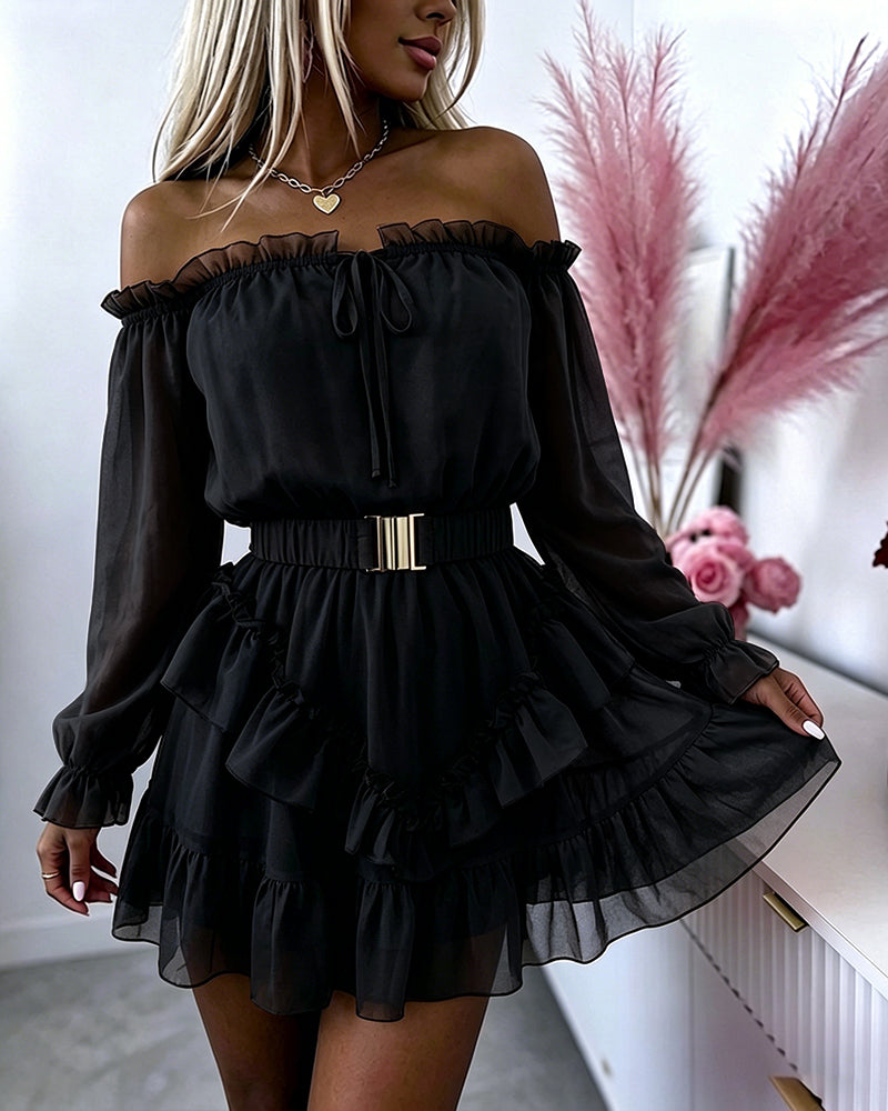 Women's Off Shoulder Frill Trim Mini A Line Dress Flowy Chiffon Ruffle Hem Party Dress with Belt & Built-In Shorts