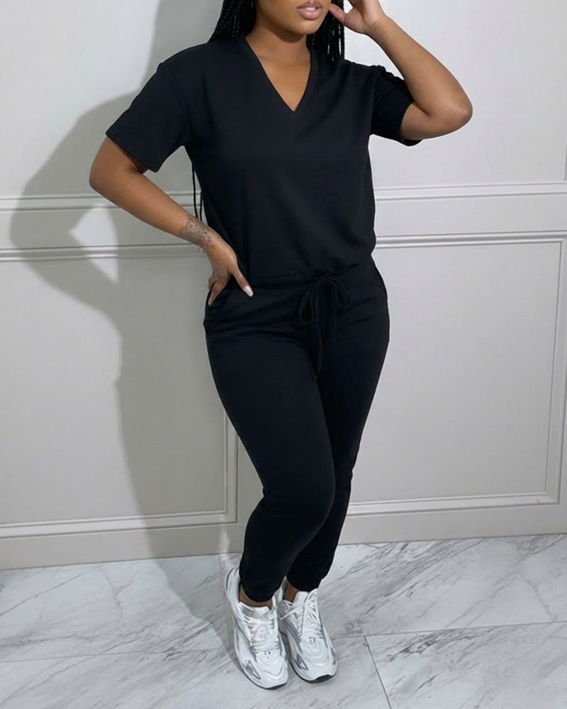 Women's 2-Piece Sporty Set Short Sleeve Half Zip Top and High Waisted Joggers Casual Lounge Outfit with Pockets