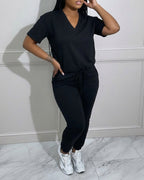 Women's 2-Piece Sporty Set Short Sleeve Half Zip Top and High Waisted Joggers Casual Lounge Outfit with Pockets