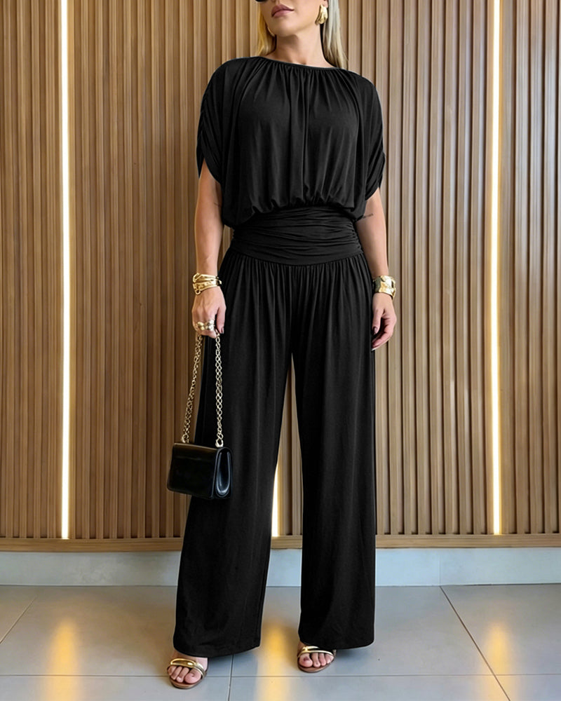Women's Batwing Sleeve Jumpsuit High Waisted Ruched Wide Leg Overalls Elegant One Piece Outfit