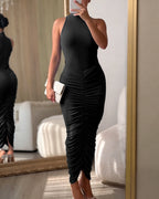 Women's Mock Neck Sleeveless Ruched Bodycon Dress Sexy Racerback Slit Slim Fit Party Dress