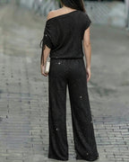 Women's Two-Piece Rhinestone Lounge Suit Skew Neck Top and Wide-Leg Pant Set Elegant Commuter Outfit with Pockets