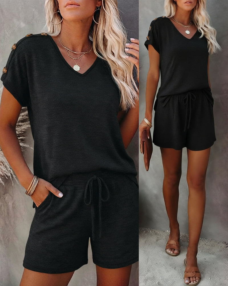 Women's V Neck Short Sleeve Top and Drawstring Shorts Set Casual Loose Fit Loungewear Two Piece Outfit with Pockets