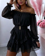 Women's Off Shoulder Frill Trim Mini A Line Dress Flowy Chiffon Ruffle Hem Party Dress with Belt & Built-In Shorts