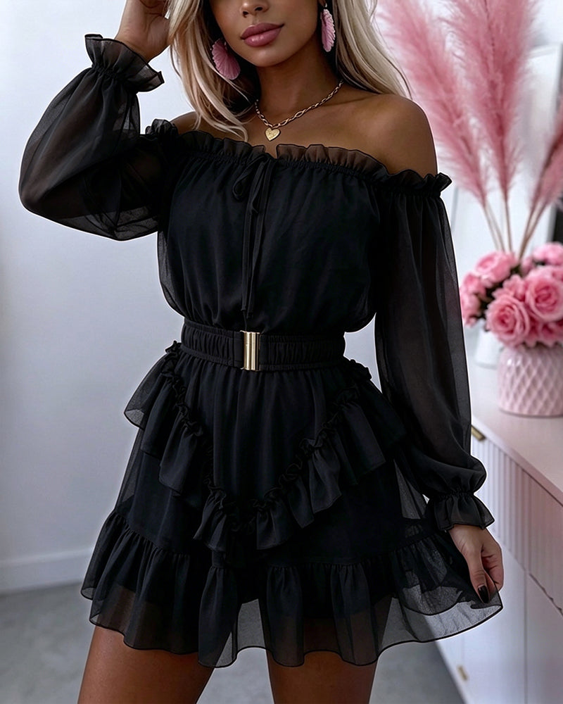 Women's Off Shoulder Frill Trim Mini A Line Dress Flowy Chiffon Ruffle Hem Party Dress with Belt & Built-In Shorts