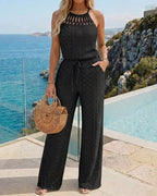 CHICME Women's Halter Tie Knit Jacquard Jumpsuit Hollow-Out Criss-Cross Front Wide-Leg Romper with Adjustable Drawstring Waist