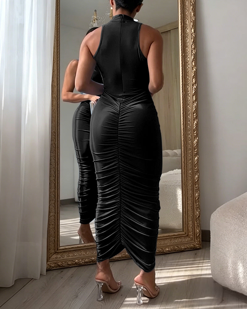 Women's Mock Neck Sleeveless Ruched Bodycon Dress Sexy Racerback Slit Slim Fit Party Dress