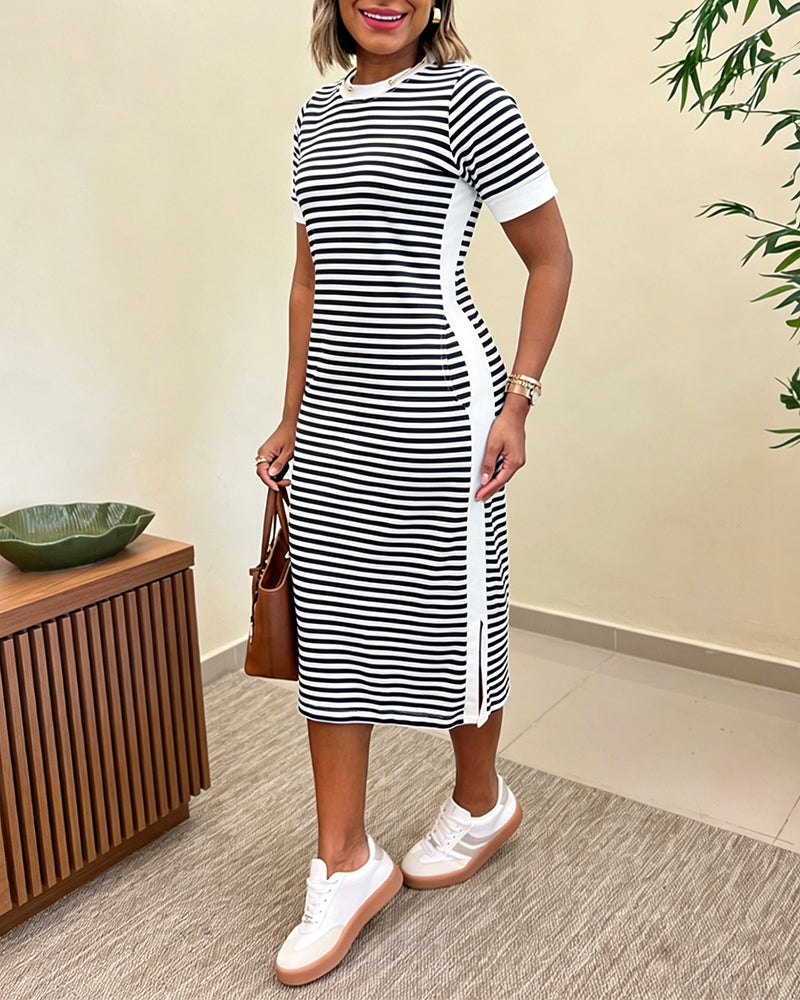 Women's Striped Colorblock Midi T-Shirt Dress Casual Crew Neck Waist-Cinching Slit Dress with Pockets