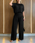 Women's Batwing Sleeve Jumpsuit High Waisted Ruched Wide Leg Overalls Elegant One Piece Outfit
