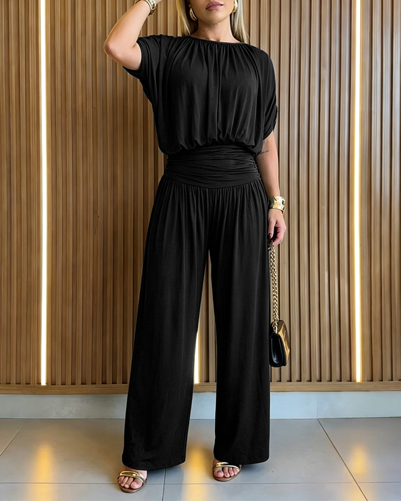 Women's Batwing Sleeve Jumpsuit High Waisted Ruched Wide Leg Overalls Elegant One Piece Outfit