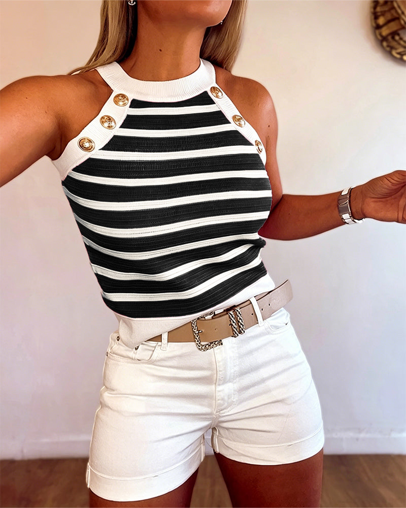 Striped Halter Sleeveless Tank Causal Golden Button Decor Breathable Knit Top