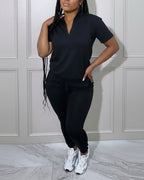 Women's 2-Piece Sporty Set Short Sleeve Half Zip Top and High Waisted Joggers Casual Lounge Outfit with Pockets