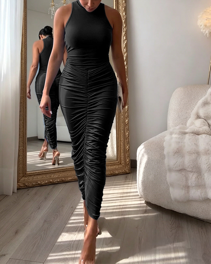 Women's Mock Neck Sleeveless Ruched Bodycon Dress Sexy Racerback Slit Slim Fit Party Dress