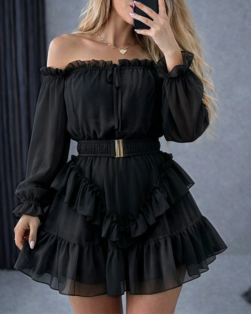 Women's Off Shoulder Frill Trim Mini A Line Dress Flowy Chiffon Ruffle Hem Party Dress with Belt & Built-In Shorts