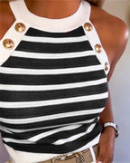 Striped Halter Sleeveless Tank Causal Golden Button Decor Breathable Knit Top