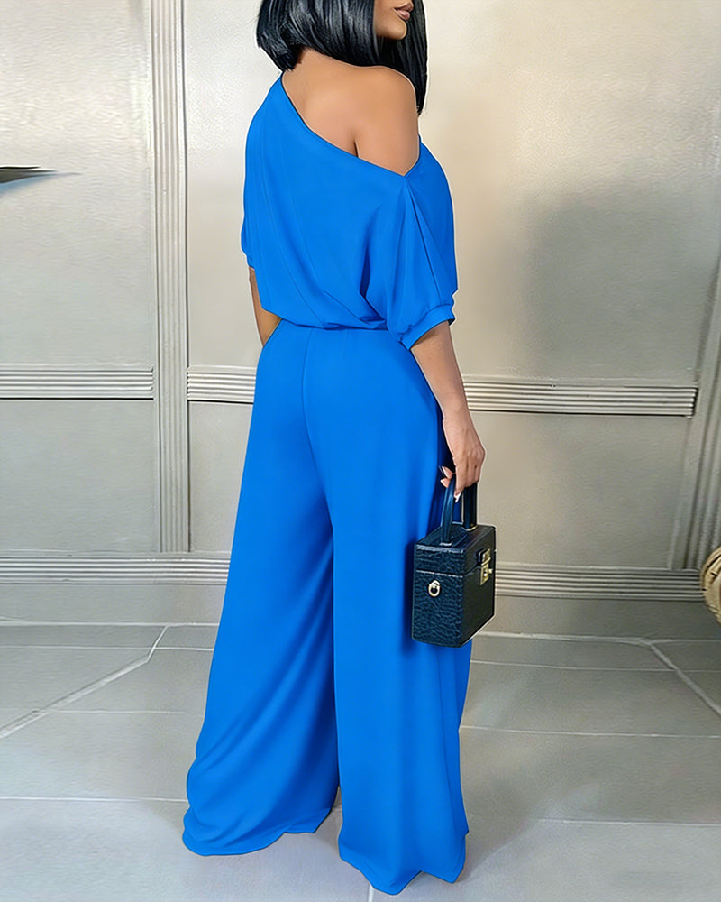 Skew Neck Batwing Sleeve High Waist Overalls Casual Short Sleeve Cinched Waist Wide Leg Jumpsuit