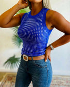 Rhinestone Decor O-neck Sleeveless Tee Slim Fit Ribbed Tank Top
