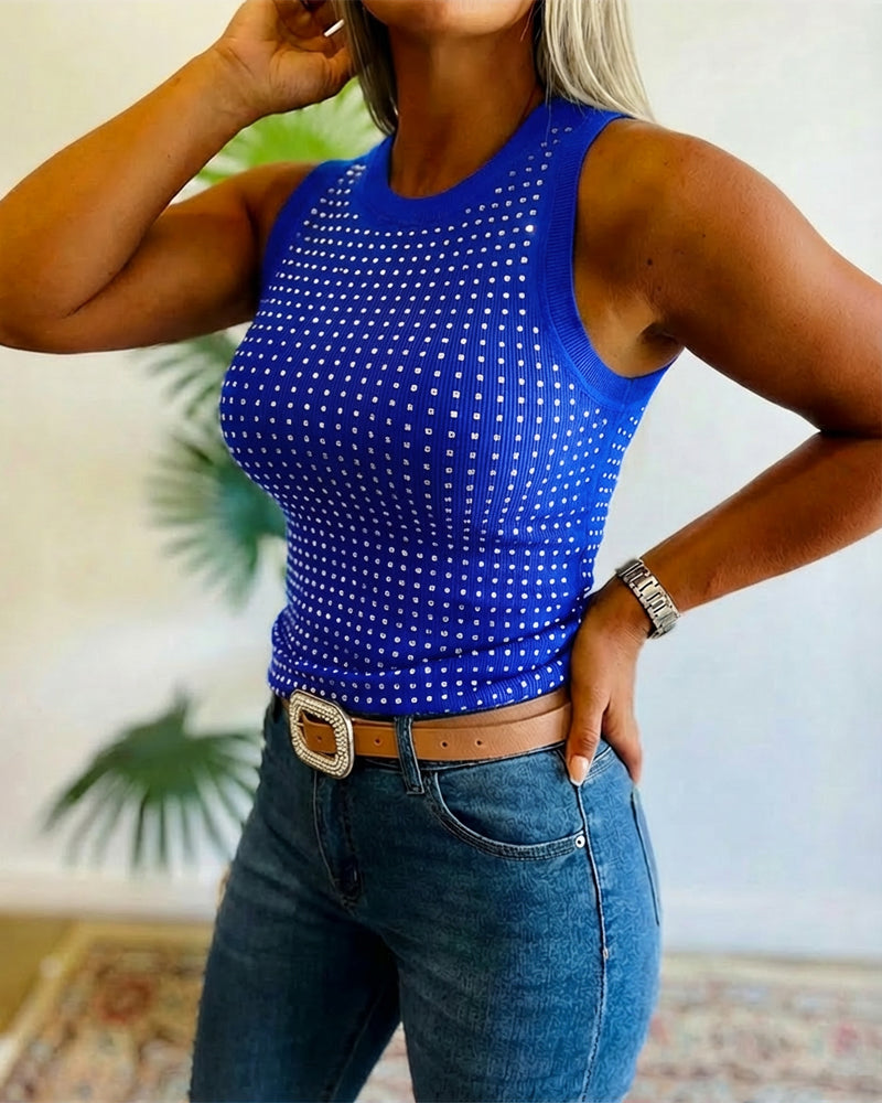 Rhinestone Decor O-neck Sleeveless Tee Slim Fit Ribbed Tank Top