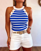 Striped Halter Sleeveless Tank Causal Golden Button Decor Breathable Knit Top