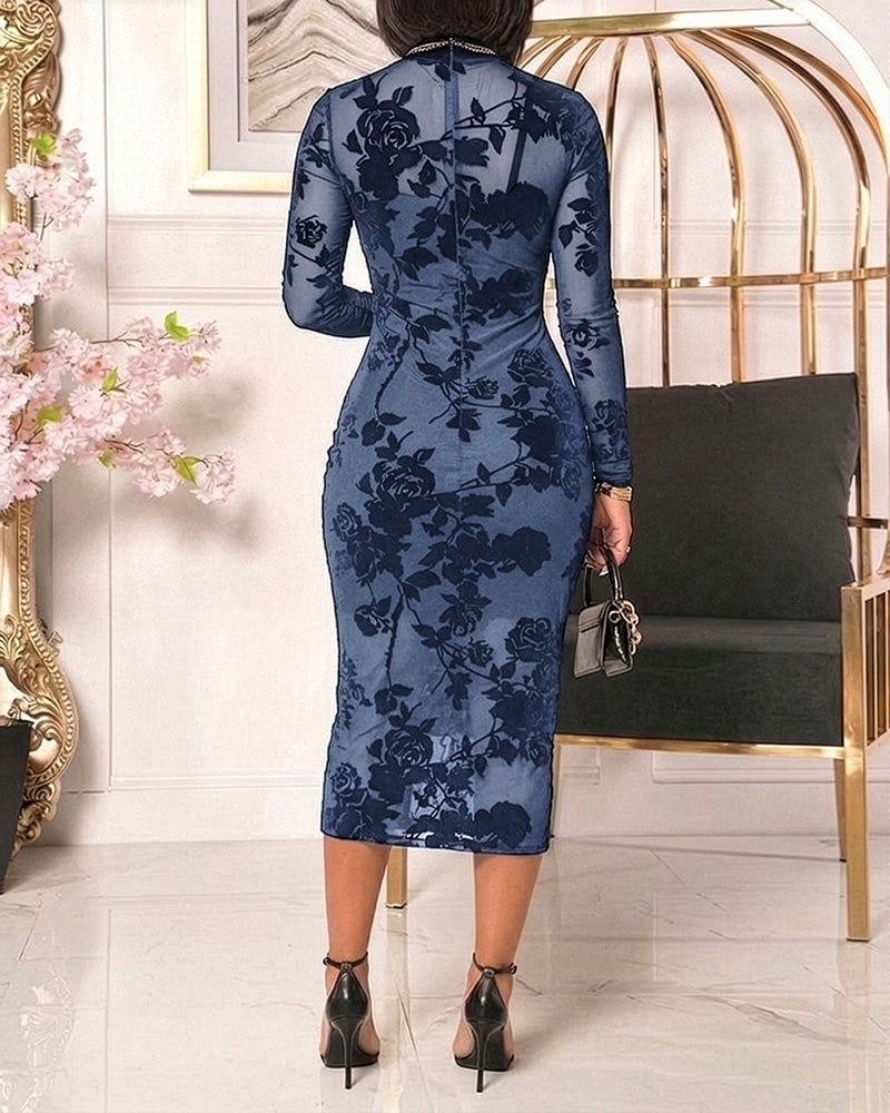Women's Flocked Floral Mesh Dress Set Mock Neck Long Sleeve Bodycon Dress Sheer Lace Party Midi Dress with Camisole Slip Dress