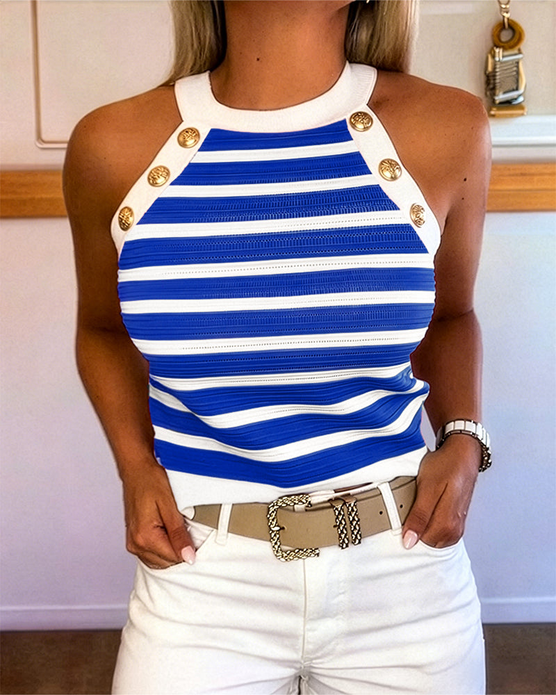Striped Halter Sleeveless Tank Causal Golden Button Decor Breathable Knit Top