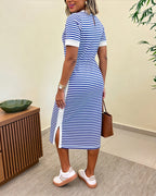 Women's Striped Colorblock Midi T-Shirt Dress Casual Crew Neck Waist-Cinching Slit Dress with Pockets