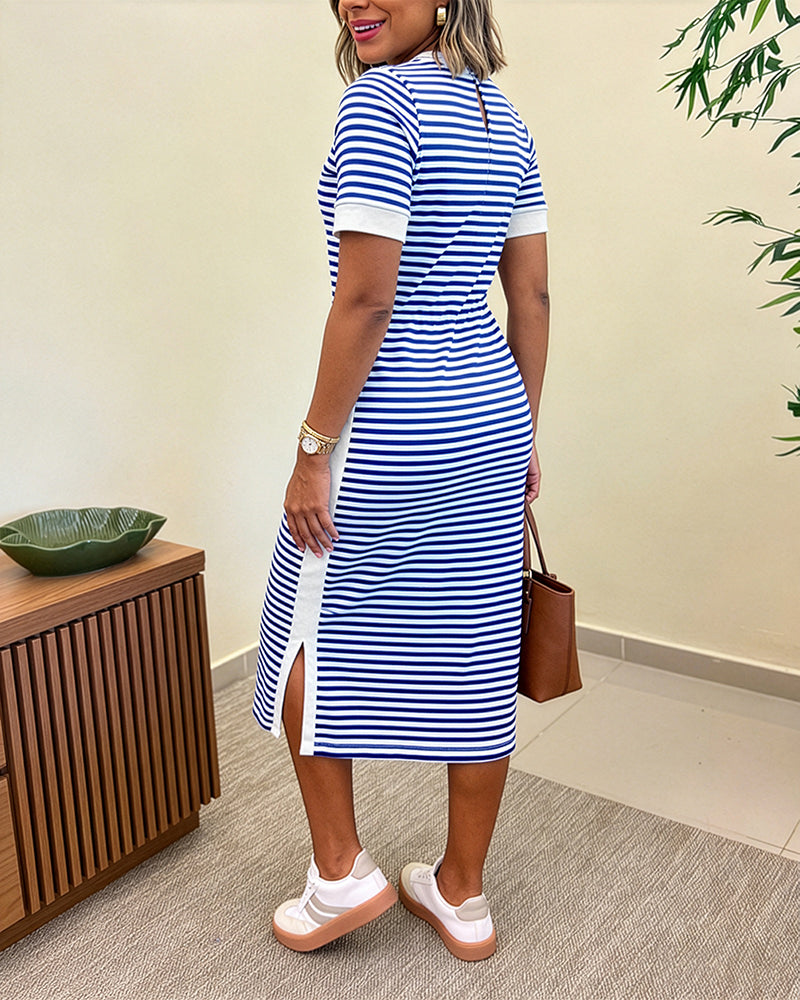 Women's Striped Colorblock Midi T-Shirt Dress Casual Crew Neck Waist-Cinching Slit Dress with Pockets