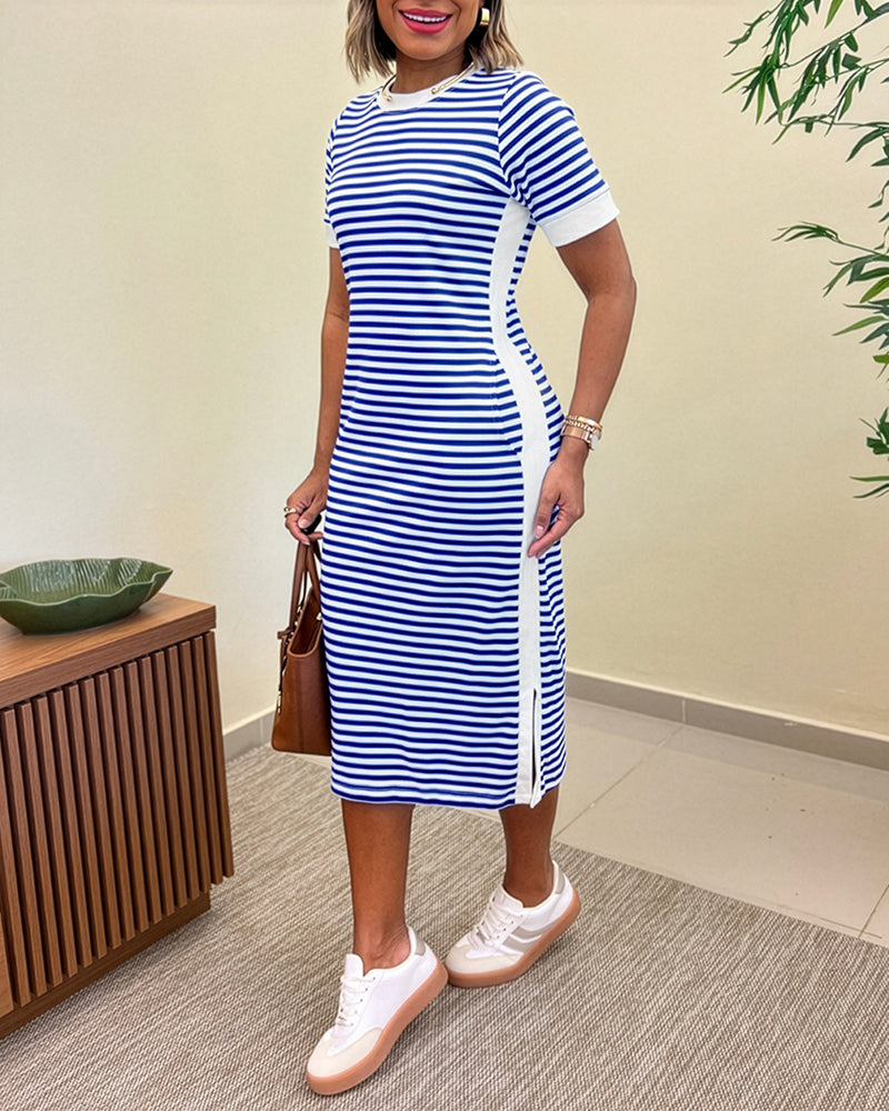 Women's Striped Colorblock Midi T-Shirt Dress Casual Crew Neck Waist-Cinching Slit Dress with Pockets