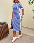 Women's Striped Colorblock Midi T-Shirt Dress Casual Crew Neck Waist-Cinching Slit Dress with Pockets